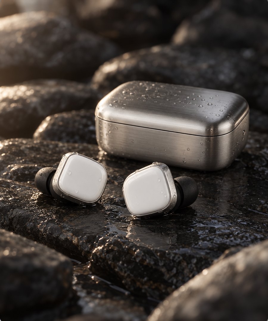 Hvide keramik-earbuds og etui i stål på våde skifersten
